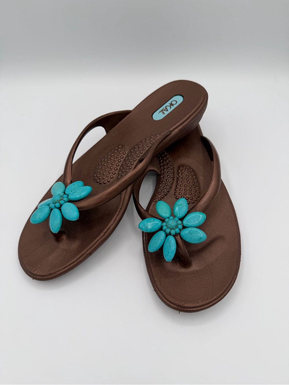 OKA b. Brown Sandal Flip-Flops with Turquoise Flower Accent